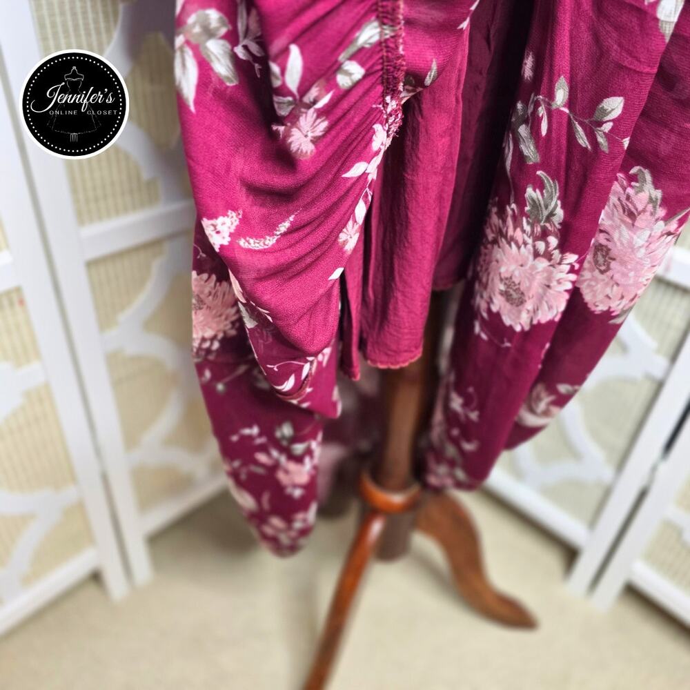 Anthropologie Evelin Maroon/Wine Floral Long Sleeve Chiffon Maxi Dress Size XL - Picture 13 of 16